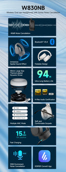 Edifier W830NB Wireless Headphones Bluetooth 5.4 Active Noise Cancelling Hi-Res Over-Ear Headset LDAC Foldable -45dB ANC 94H